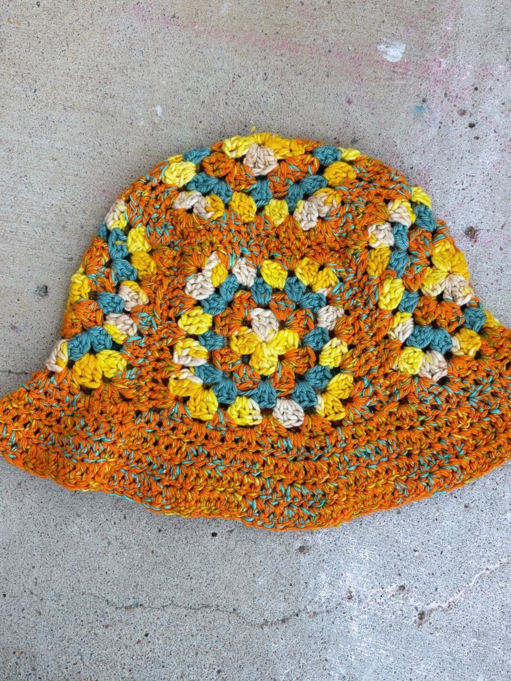 Handmade Crochet Bucket Hat in Sparkly Orange, Yellow, and Teal